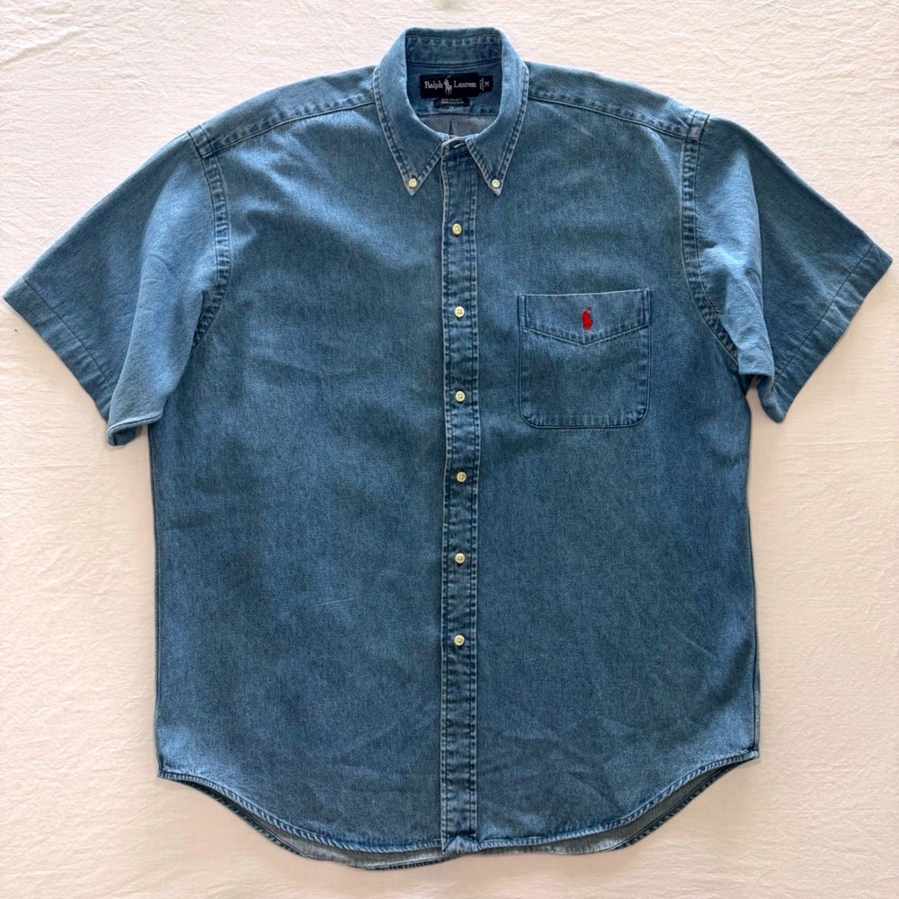 Ralph Lauren Big Shirt Mens Medium Blue Denim Short Sleeve Button Down Red Pony